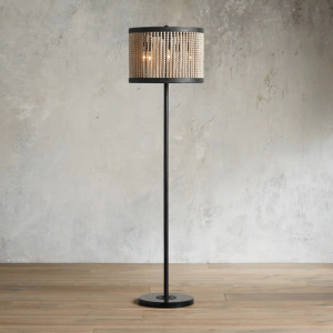 Bohemian Wooden Bead Floor Lamp with Wrought Iron Body Industrial Standing Lamp for Reading Nook