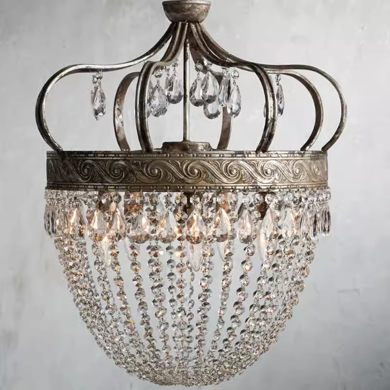 Antique Crystal And Wrought Iron Hanging Large Chandelier Compact Pendant Lamp for Dining Room Entryway