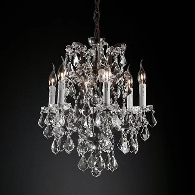 French Vintage Luxury Crystal And Iron 6-Light Candle Chandelier Compact Ceiling Light for Farmhouse Decor