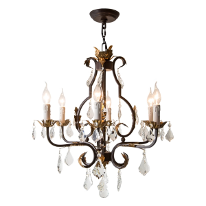 Vintage Crystal And Wrought Iron 6-Light Pendant Light Compact Hanging Lamp for Kitchen Island Bedroom