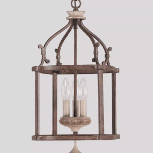 Rustic Wood And Wrought Iron Chandelier Mini Hanging Light for Dining Room Foyer