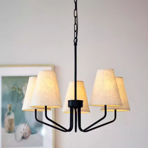 Vintage Iron Frame With Linen Fabric Shades 5-Light Pendant Light Medium Hanging Lamp for Kitchen Island Bedroom