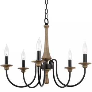 Rustic Farmhouse Wood Iron 5-Light Candle Chandelier Vintage Pendant Light for Dining Room