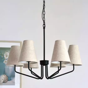 Modern Farmhouse Iron 6-Light Chandelier with Linen Shades Black Pendant Light for Kitchen
