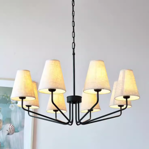 Rustic Iron Frame With Linen Fabric Shades 8-Light Chandelier Medium Hanging Light for Dining Room Foyer