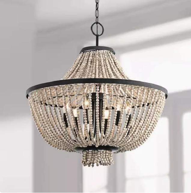 Rustic Farmhouse Wood And Iron Chandelier Medium Pendant Light for Dining Room Living Room