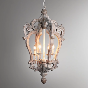 Antique Wood And Wrought Iron Hanging Chandelier Compact Pendant Lamp for Dining Room Entryway