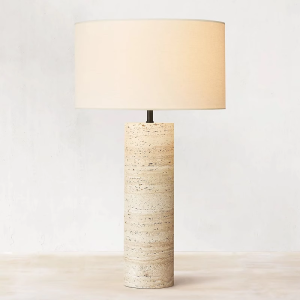 Modern Minimalist White Marble Cylindrical Table Lamp with Linen Shade Contemporary Desk Lamp