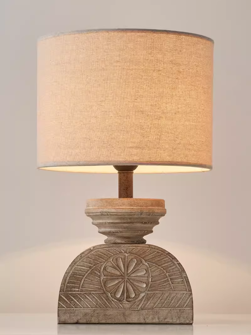Rustic Farmhouse Wood And Linen Table Lamp Compact Bedside Lamp for Bedroom Living Room