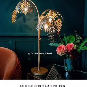 Art Deco Gold Palm Leaf Table Lamp Tropical Iron Desk Lamp with Linen Shade