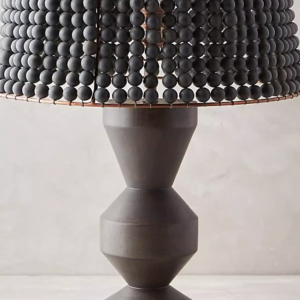 Bohemian Dark Wood Geometric Table Lamp with Wood Bead Shade Modern Desk Lamp