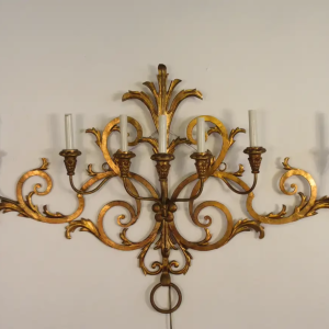 Baroque XL Gold Wrought Iron 7-Light Candle Wall Sconce Ornate Scrollwork Vintage Wall Lamp for Grand Dining Room Foyer