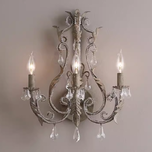 Ornate French Vintage Wrought Iron Crystal Wall Sconce 3-Light Candle Chandelier Wall Lamp for Luxury Bedroom