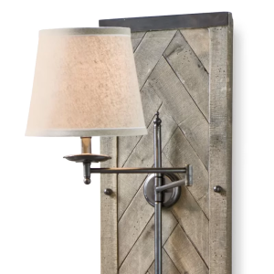 XL American Farmhouse Herringbone Wood Panel Wall Sconce with Linen Shade Swing Arm Rustic Wall Lamp for Living Room