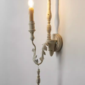 Vintage French Country White Distressed Wood Iron Single Candle Wall Sconce with Leaf Accent for Bedroom Hallway
