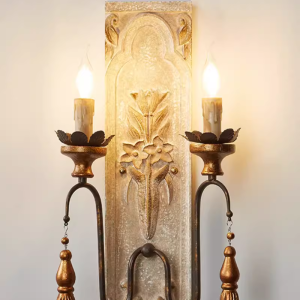 Rustic Farmhouse Carved Wood Backplate Double Head Candle Wall Sconce Gold Floral Relief Iron Wall Lamp for Living Room