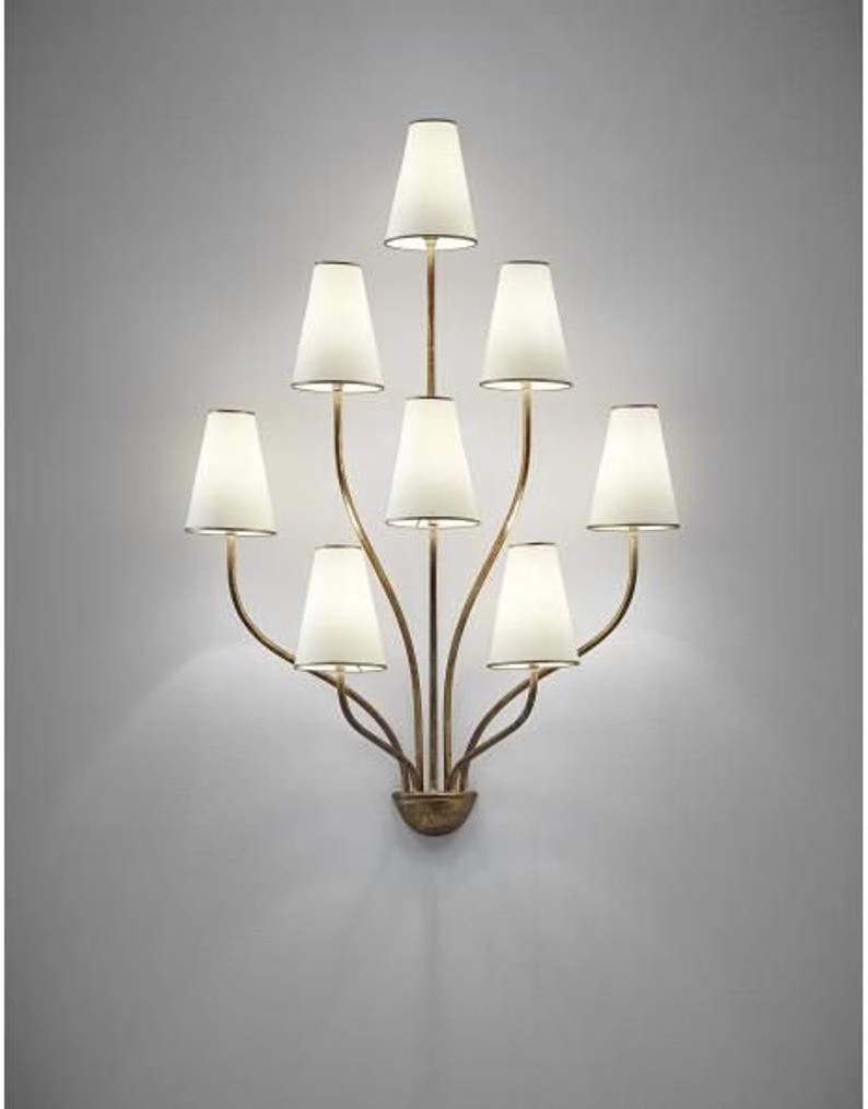 Modern Luxury 9-Light Tree Branch Wall Sconce Gold Iron with White Linen Shades Statement Wall Lamp for Living Room