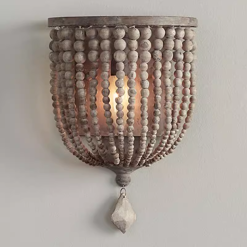 Boho Farmhouse Wood Bead Crystal Wall Sconce Rustic Beaded Strand Wall Lamp with Crystal Pendant for Bedroom