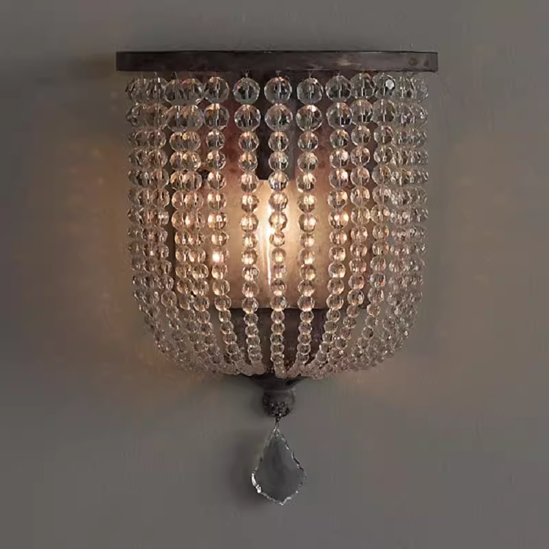 Boho Rustic Wood Bead Crystal Wall Sconce Beaded Strand Vintage Wall Lamp for Bedroom Living Room